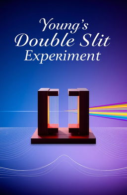 A visually stunning cover page for Young's Double Slit Experiment, featuring a detailed representation of the double slit apparatus, illustrating waves of light passing through the slits
