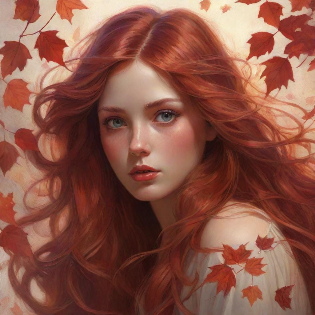 Create a digital painting of a girl with super long hair transforming into autumn red leaves. The eyes are detailed and expressive. The style combines elements from Artgerm, Greg Rutkowski, and Alphonse Mucha.