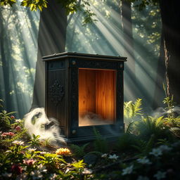 A mysterious and eerie wooden box covered in intricate carvings, standing in an enchanting forest glade