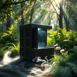 A mysterious and eerie wooden box covered in intricate carvings, standing in an enchanting forest glade