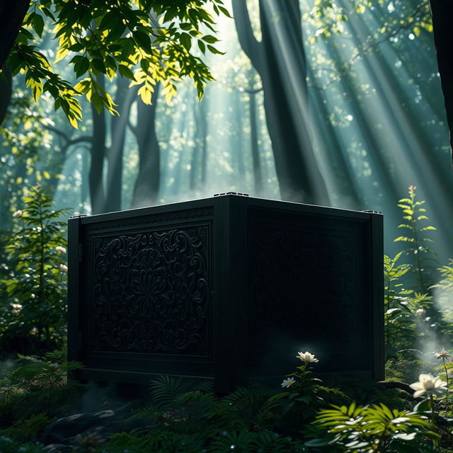 A mysterious and eerie wooden box covered in intricate carvings, standing in an enchanting forest glade