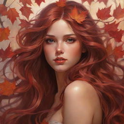 Create a digital painting of a girl with super long hair transforming into autumn red leaves. The eyes are detailed and expressive. The style combines elements from Artgerm, Greg Rutkowski, and Alphonse Mucha.