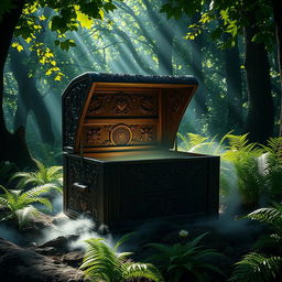 A mysterious and eerie wooden box covered in intricate carvings, standing in an enchanting forest glade