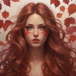 Create a digital painting of a girl with super long hair transforming into autumn red leaves. The eyes are detailed and expressive. The style combines elements from Artgerm, Greg Rutkowski, and Alphonse Mucha.