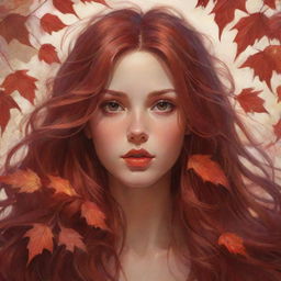 Create a digital painting of a girl with super long hair transforming into autumn red leaves. The eyes are detailed and expressive. The style combines elements from Artgerm, Greg Rutkowski, and Alphonse Mucha.