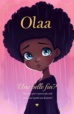 A beautifully illustrated cover featuring Olaa, a character with a striking afro hairstyle and captivating blue eyes, looking directly at the viewer with tears in her eyes but a determined expression