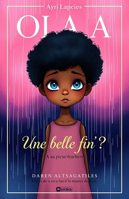 A beautifully illustrated cover featuring Olaa, a character with a striking afro hairstyle and captivating blue eyes, looking directly at the viewer with tears in her eyes but a determined expression