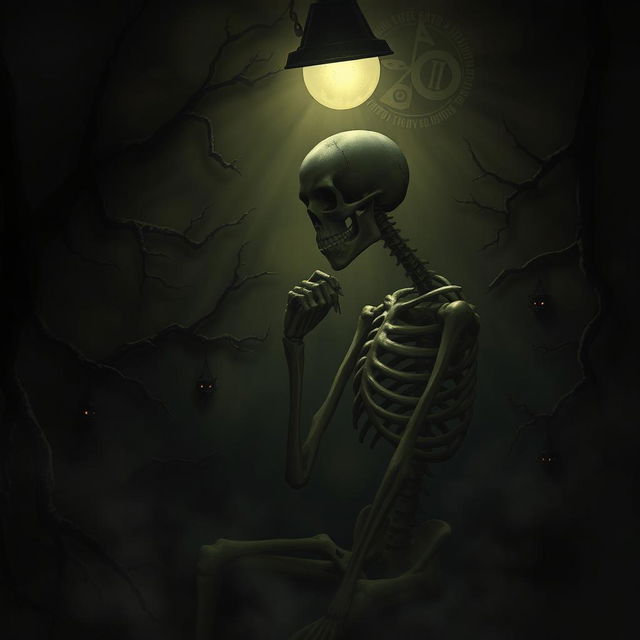 A hauntingly atmospheric scene featuring a skeletal figure deep in thought, set against a dark and eerie background