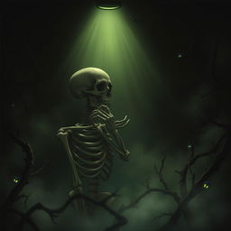 A hauntingly atmospheric scene featuring a skeletal figure deep in thought, set against a dark and eerie background