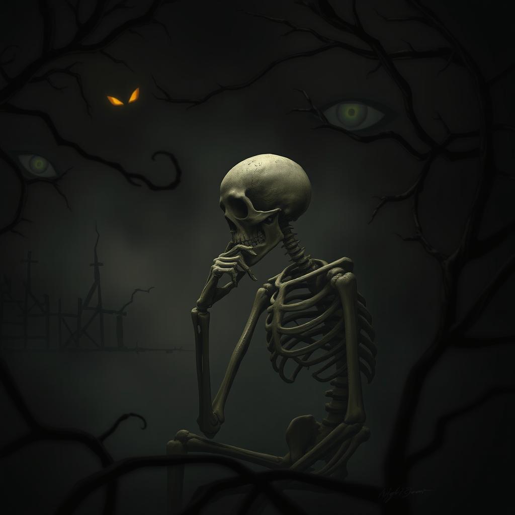 A hauntingly atmospheric scene featuring a skeletal figure deep in thought, set against a dark and eerie background