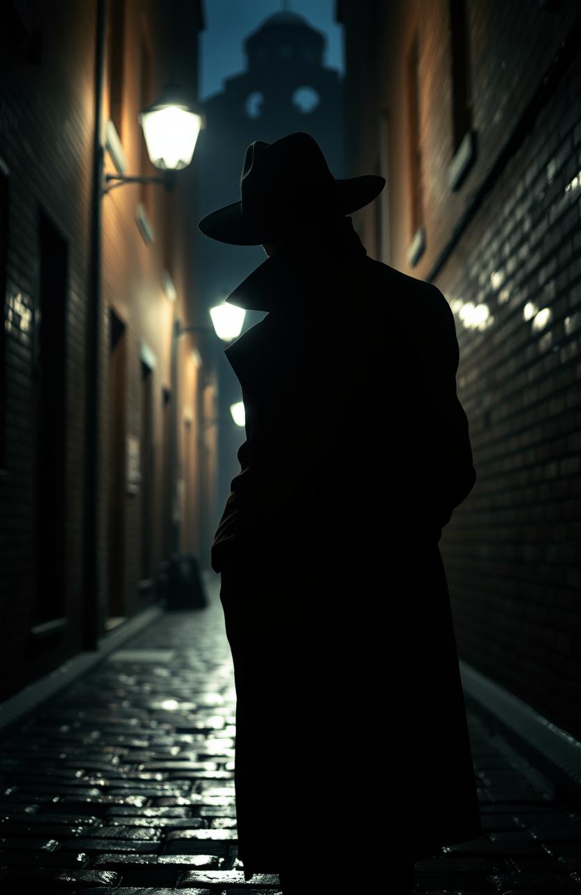 Create an image of a mysterious figure, partially concealed in shadow, standing in a dimly lit alleyway at night