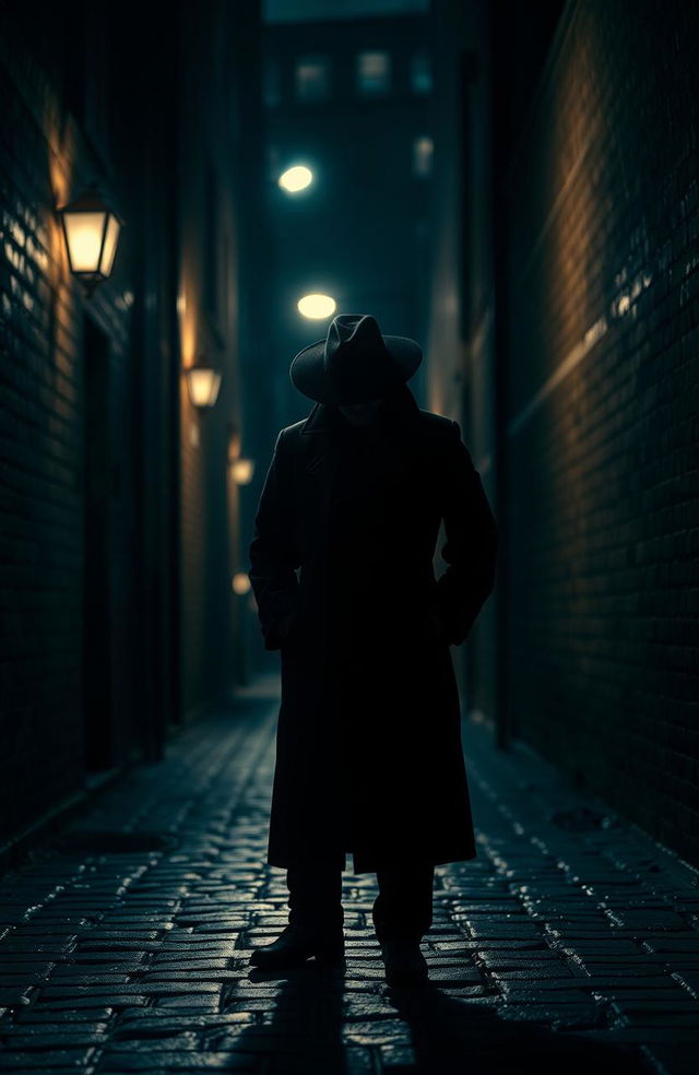 Create an image of a mysterious figure, partially concealed in shadow, standing in a dimly lit alleyway at night