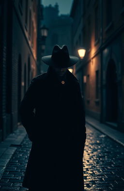 Create an image of a mysterious figure, partially concealed in shadow, standing in a dimly lit alleyway at night