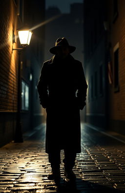 Create an image of a mysterious figure, partially concealed in shadow, standing in a dimly lit alleyway at night