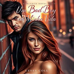 A captivating romance novel cover featuring a handsome, rugged bad boy with short tousled dark hair, wearing a leather jacket, leaning against a brick wall with a sultry expression