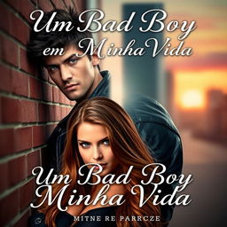 A captivating romance novel cover featuring a handsome, rugged bad boy with short tousled dark hair, wearing a leather jacket, leaning against a brick wall with a sultry expression