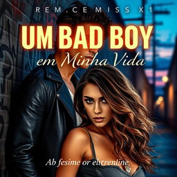 A striking romance novel cover featuring a charismatic bad boy with tousled dark hair, dressed in a fitted leather jacket, exuding an air of mystery and confidence