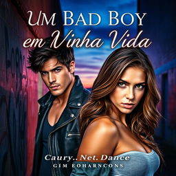 A striking romance novel cover featuring a charismatic bad boy with tousled dark hair, dressed in a fitted leather jacket, exuding an air of mystery and confidence