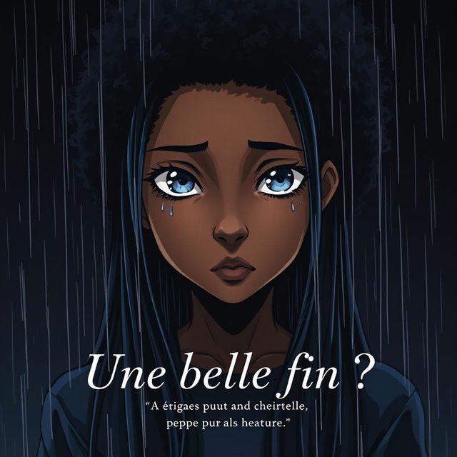 A captivating manga-style cover featuring Olaa, a character with long afro hair and striking blue eyes, gazing directly at the viewer with tears in her eyes yet an unwavering determination