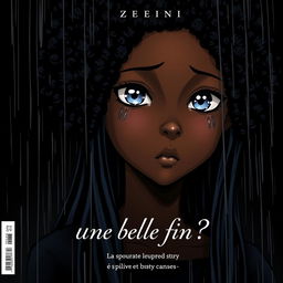 A captivating manga-style cover featuring Olaa, a character with long afro hair and striking blue eyes, gazing directly at the viewer with tears in her eyes yet an unwavering determination