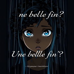 A captivating manga-style cover featuring Olaa, a character with long afro hair and striking blue eyes, gazing directly at the viewer with tears in her eyes yet an unwavering determination