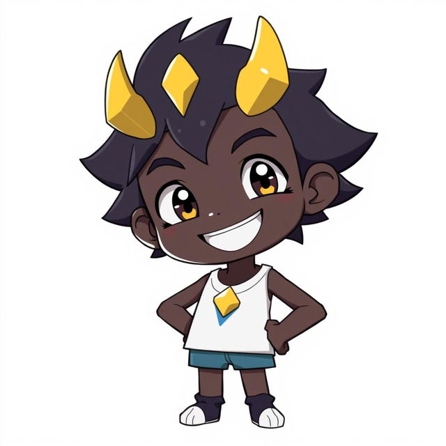 A 12-year-old boy with black skin illustrated in a Digimon anime style, standing confidently against a clean white background