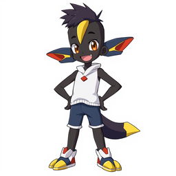 A 12-year-old boy with black skin illustrated in a Digimon anime style, standing confidently against a clean white background
