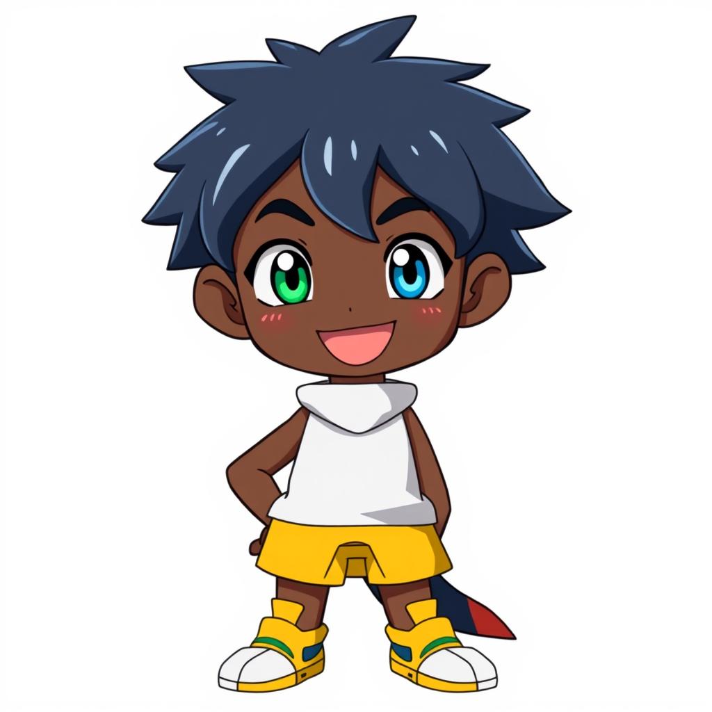 A 12-year-old boy with black skin illustrated in a Digimon anime style, standing confidently against a clean white background