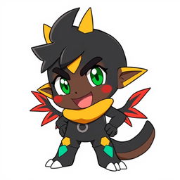 A 12-year-old boy with black skin illustrated in a Digimon anime style, standing confidently against a clean white background