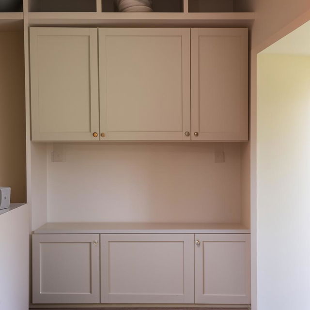 A room measuring 15 feet by 15 feet, featuring three built-in wall cupboards.