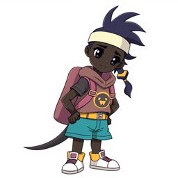 A 12-year-old girl with black skin illustrated in a Digimon anime style, standing confidently against a clean white background