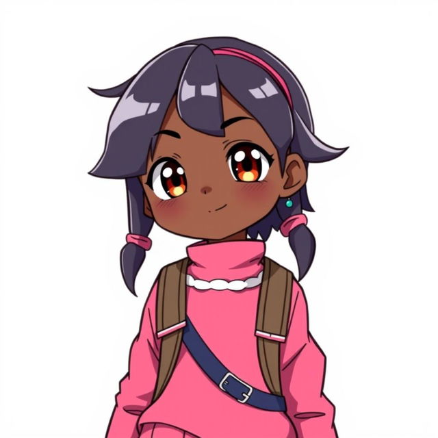 A 12-year-old girl with black skin illustrated in a Digimon anime style, standing confidently against a clean white background