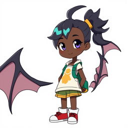 A 12-year-old girl with black skin illustrated in a Digimon anime style, standing confidently against a clean white background