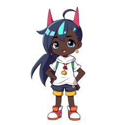 A 12-year-old girl with black skin illustrated in a Digimon anime style, standing confidently against a clean white background
