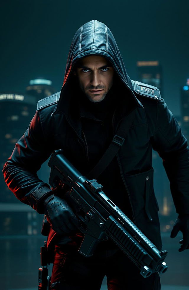 A powerful assassin emerging from the shadows, dressed in a stylish black tactical outfit with sleek, modern gear