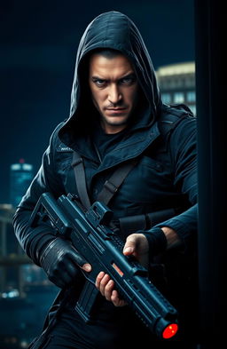 A powerful assassin emerging from the shadows, dressed in a stylish black tactical outfit with sleek, modern gear