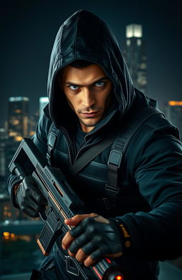 A powerful assassin emerging from the shadows, dressed in a stylish black tactical outfit with sleek, modern gear