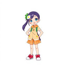 A 12-year-old girl illustrated in a Digimon anime style, standing confidently against a clean white background