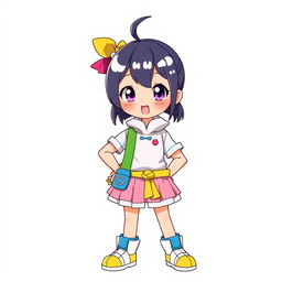 A 12-year-old girl illustrated in a Digimon anime style, standing confidently against a clean white background