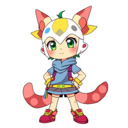 A 12-year-old girl illustrated in a Digimon anime style, standing confidently against a clean white background
