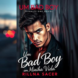 A captivating romance novel cover featuring a ruggedly handsome bad boy with an intense gaze, leaning against a graffiti-covered wall in an urban setting
