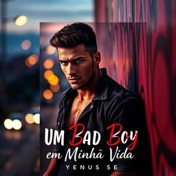 A captivating romance novel cover featuring a ruggedly handsome bad boy with an intense gaze, leaning against a graffiti-covered wall in an urban setting