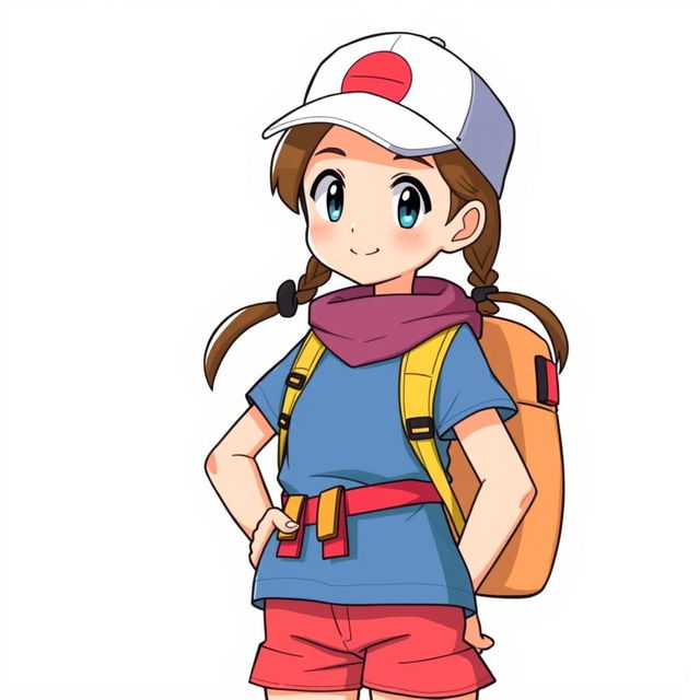 A 12-year-old girl illustrated in Pokémon anime style, standing confidently against a clean white background