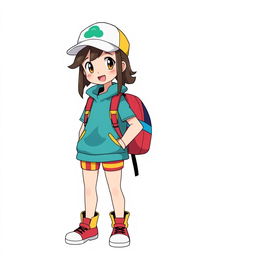 A 12-year-old girl illustrated in Pokémon anime style, standing confidently against a clean white background