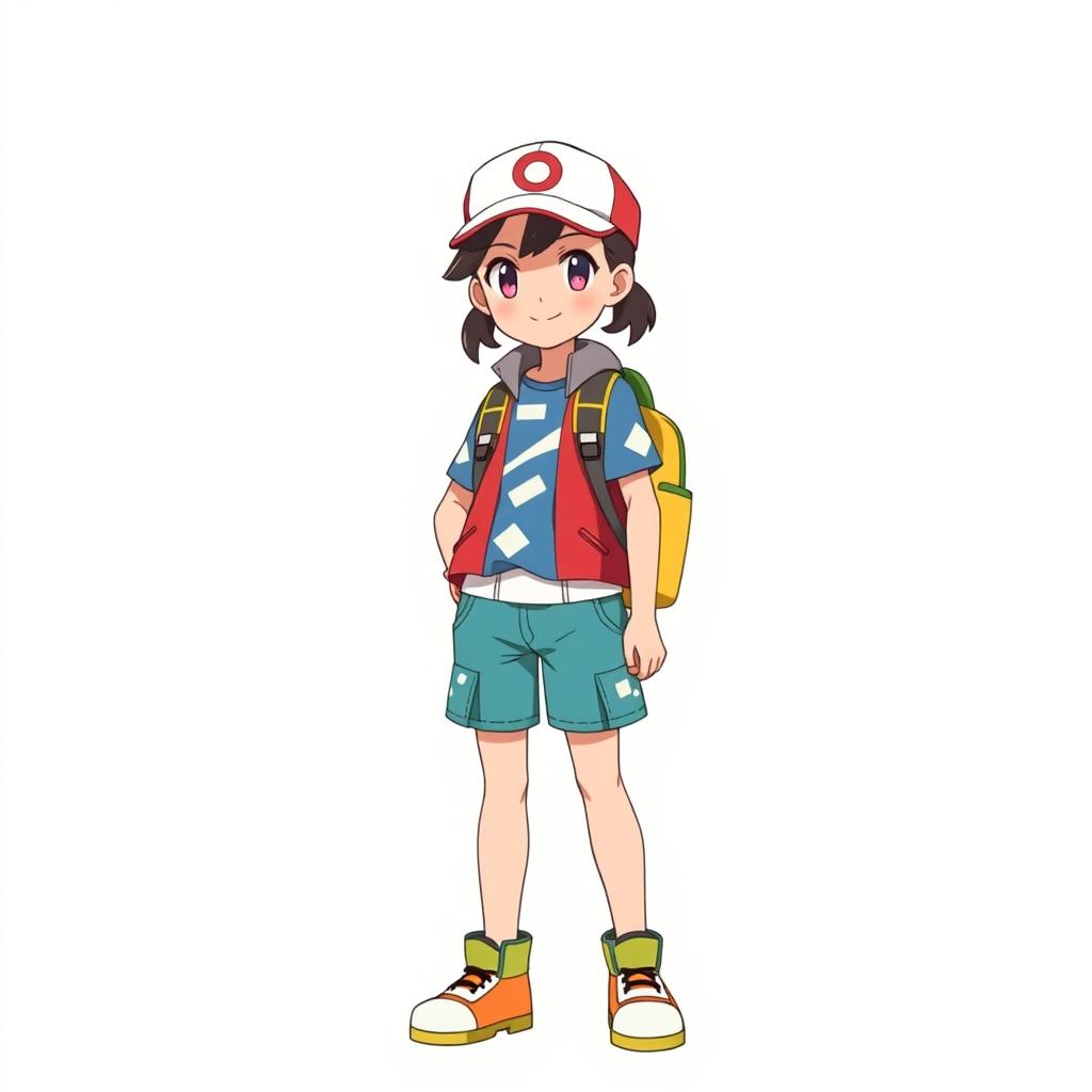 A 12-year-old girl illustrated in Pokémon anime style, standing confidently against a clean white background