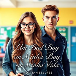 A captivating romance book cover featuring a beautiful, shy 18-year-old female student wearing stylish glasses