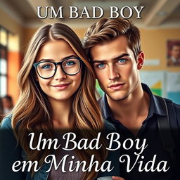 A captivating romance book cover featuring a beautiful, shy 18-year-old female student wearing stylish glasses
