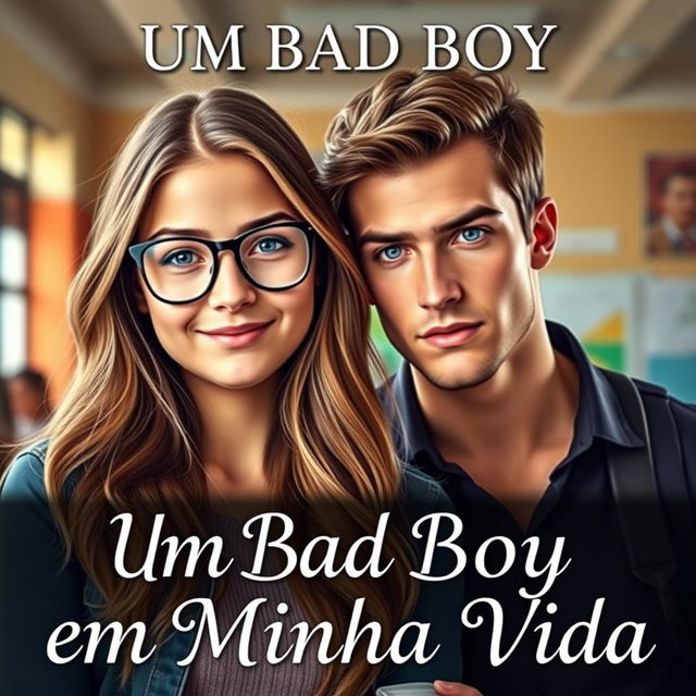 A captivating romance book cover featuring a beautiful, shy 18-year-old female student wearing stylish glasses