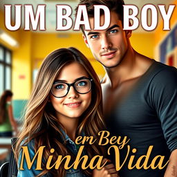 A captivating romance book cover featuring a beautiful, shy 18-year-old female student wearing stylish glasses