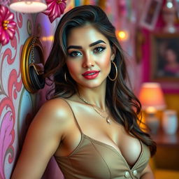 A captivating and alluring young woman, exuding confidence and charm, dressed in a stylish outfit that highlights her features